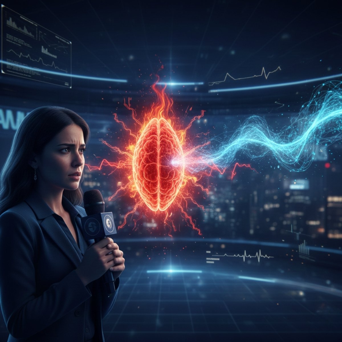 Canlı yayın sırasında muhabirin amigdala ve vagus siniri üzerinden gerçekleştirdiği duygusal regülasyonu simgeleyen, nörobiyolojik ve profesyonel bir görsel.